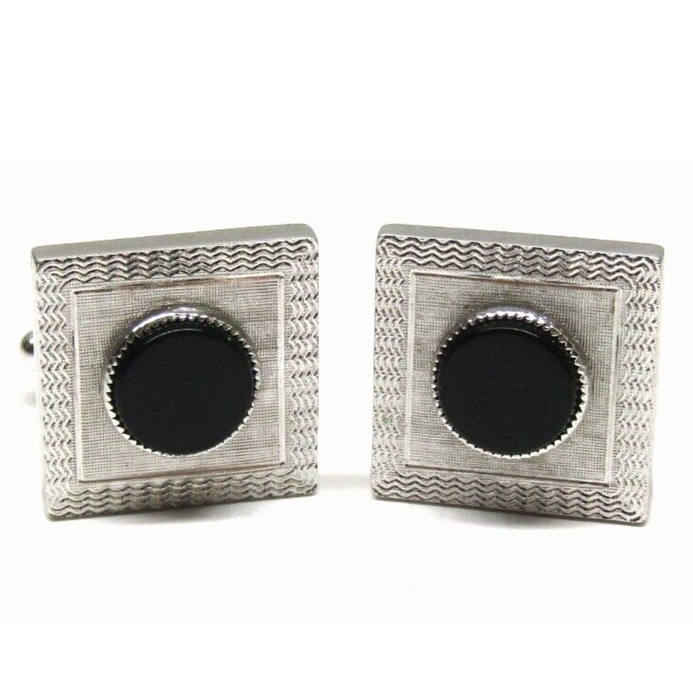 Cufflinks Brushed Square Silver Round Black Bead Curvy Frame Men Formal Wear